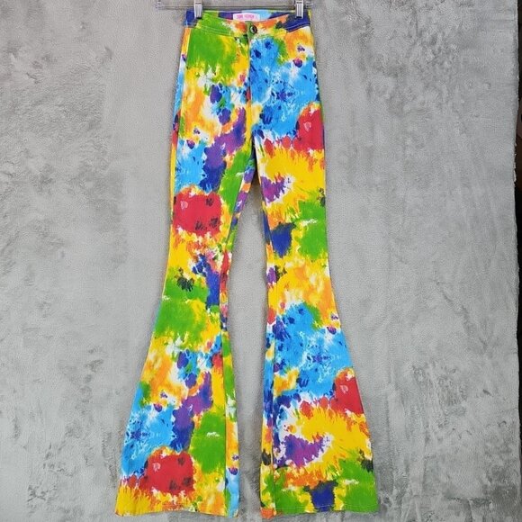 2BME Fashion Jeans Womens S High Rise Bell Bottom Flare Rainbow Tie Dye Boho - Picture 1 of 10